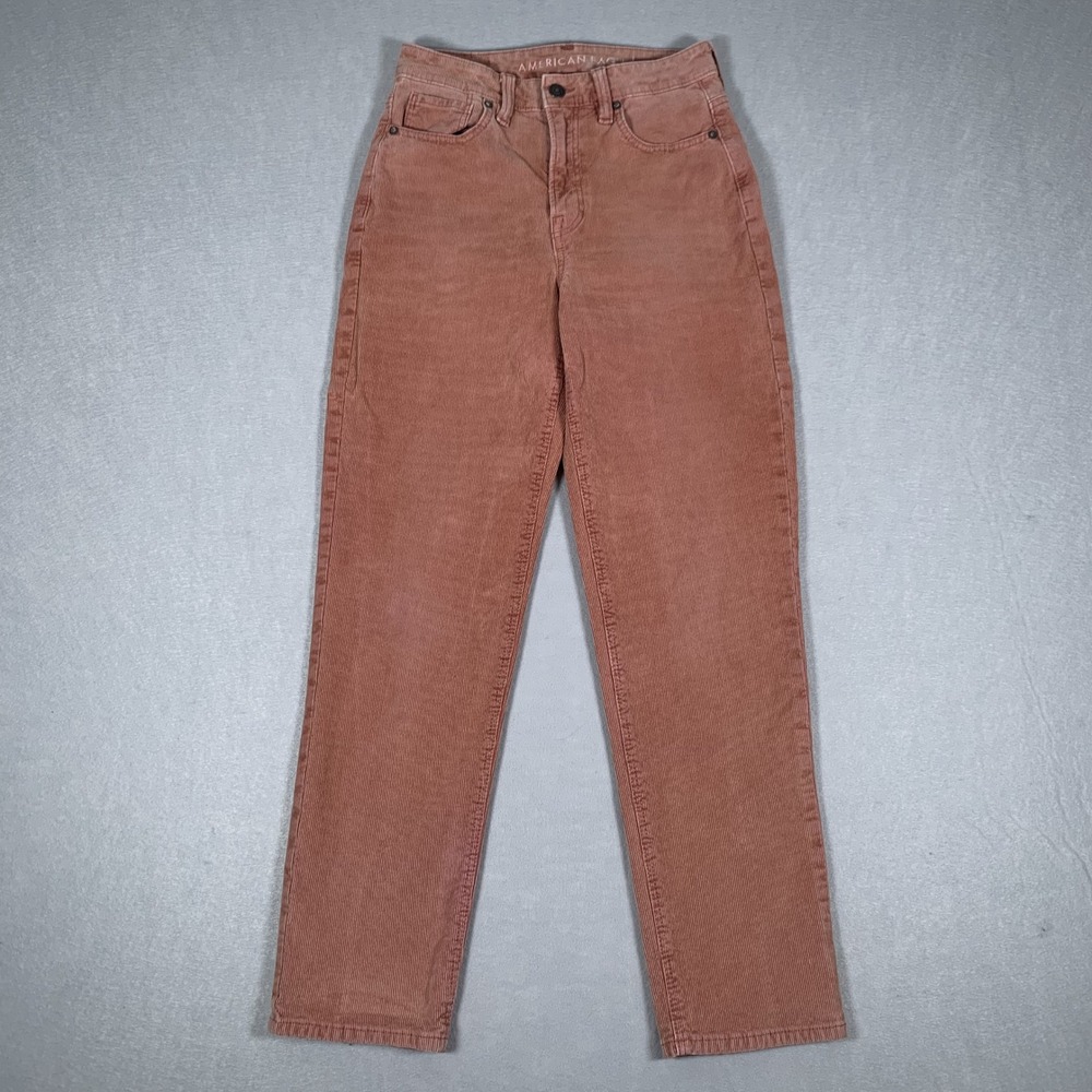 American Eagle Mom Straight Jean Womens 2 Pink Corduroy Stretch High Rise Pants